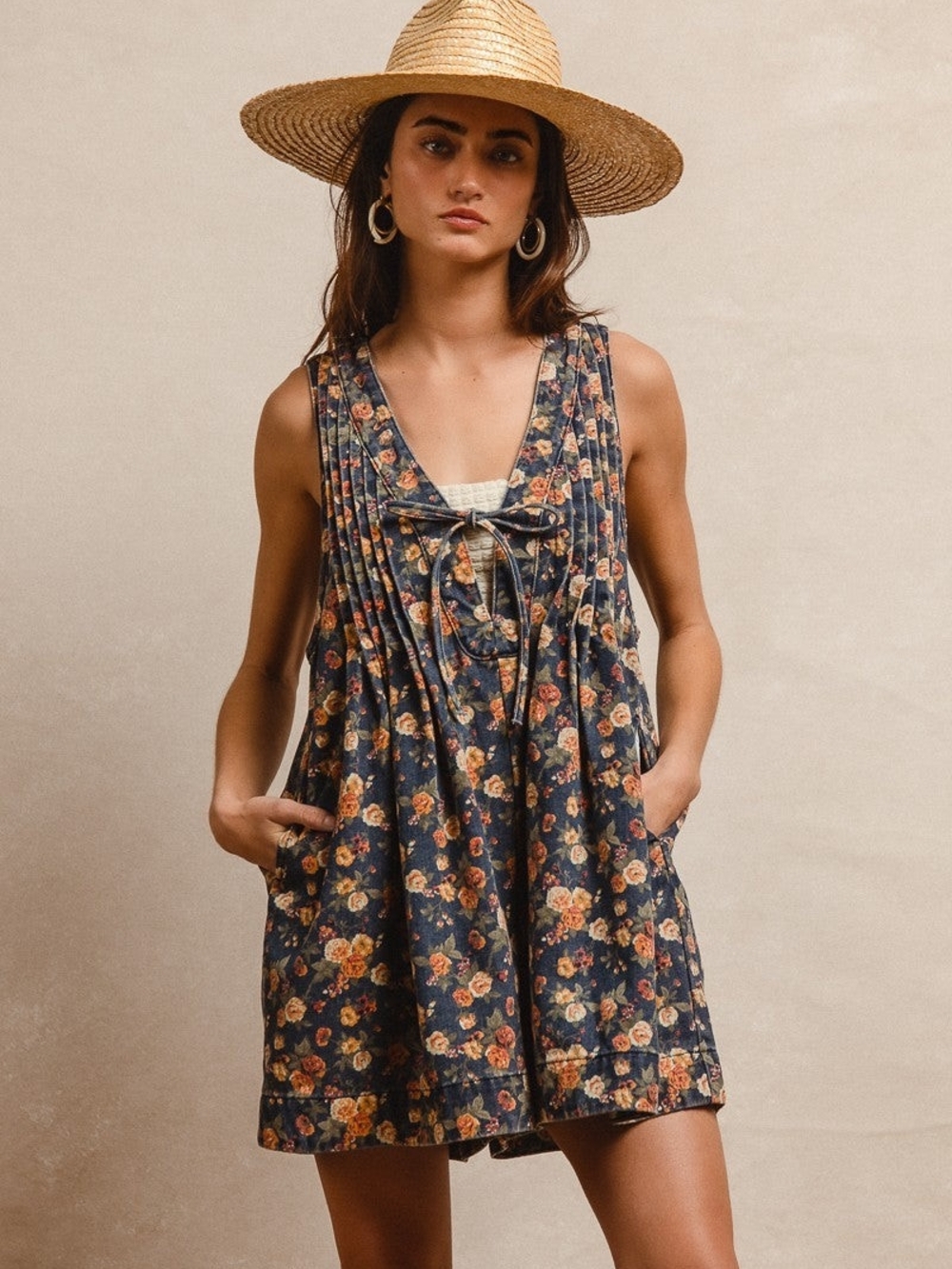 NWT BiBi Navy Floral Sleeveless Romper with Tie Front